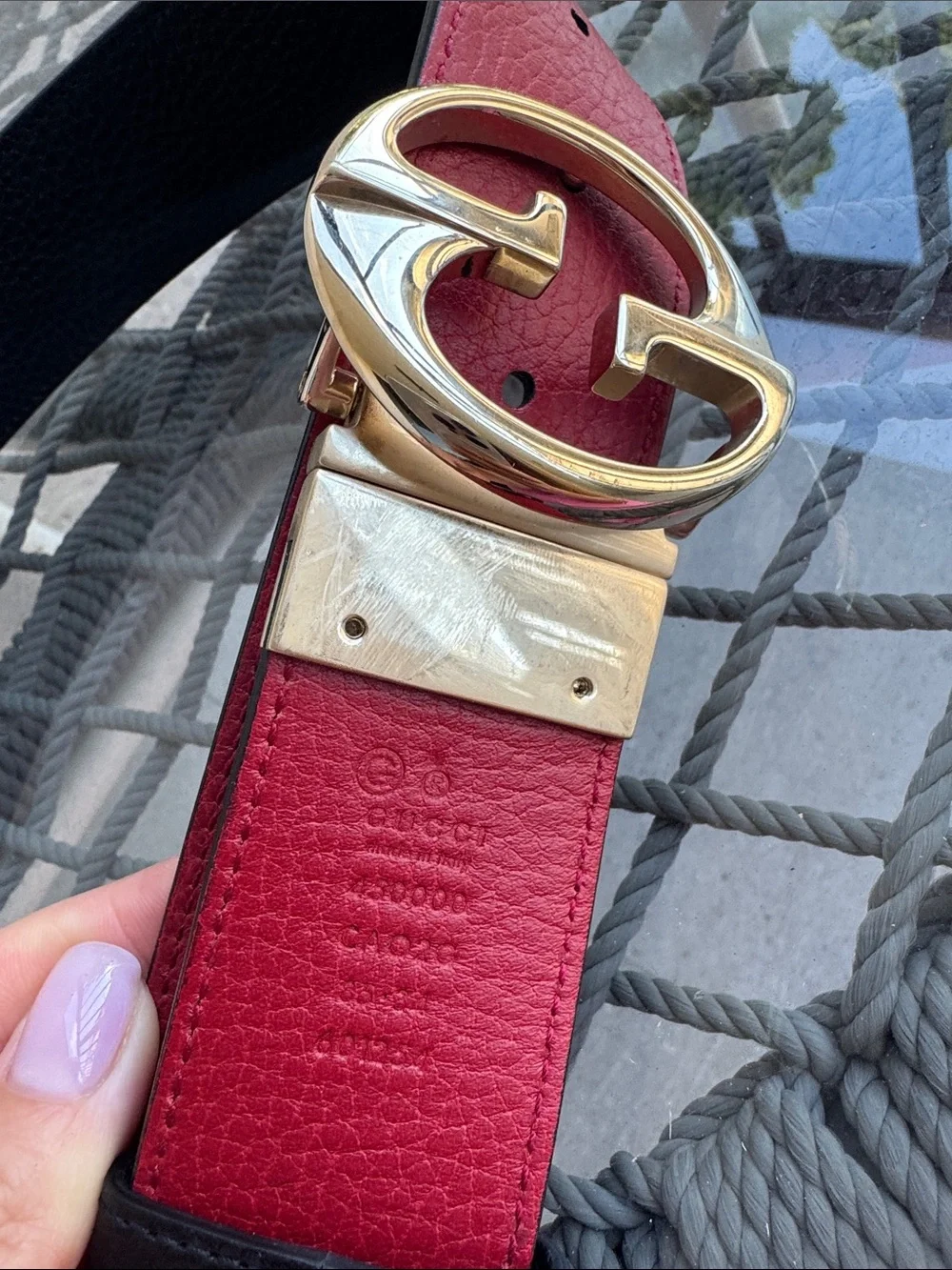 Gucci Black and Red Reversible Leather Belt with Gold GG Buckle